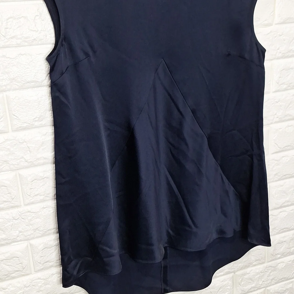 ST. JOHN Black Label Navy Satin High-Low Tunic Blouse